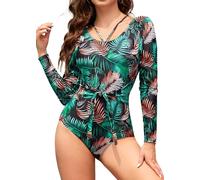 SHEKINI Costume intero da donna a maniche lunghe, Rash Guard, Slim-Fit, con controllo della pancia, da surf, T-shirt, a un pezzo, con taglio, per il nuoto, S