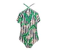SHEKINI Costumi da Bagno Bambine Una Pezzi Stampa Volant Hawaiano Ragazza Costume Intero Ragazze Estivo Spalline Regolabili Swimsuit per 6-14 Anni（10 Anni，Strisce + Foglie）