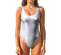 SHEKINI Donna Abito da Bagno in Una Parte Addominale Profondo U Retro Lucido Moda da Bagno Bodysuit Sottile Monokini Costume da Bagno, Argento, L