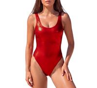 SHEKINI Donna Abito da Bagno in Una Parte Addominale Profondo U Retro Lucido Moda da Bagno Bodysuit Sottile Monokini Costume da Bagno, Rosso Brillante, L