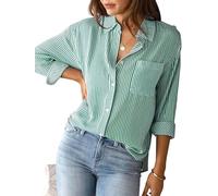 SHEKINI Donna Casual V-Colletto Lunghe Manicotto Camicia a Righe Vintage Classica Camicetta Tasche sul Petto Lavoro Eleganti Ufficio Tasca Blusa