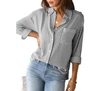 SHEKINI Donna Casual V-Colletto Lunghe Manicotto Camicia a Righe Vintage Classica Camicetta Tasche sul Petto Lavoro Eleganti Ufficio Tasca Blusa