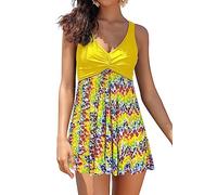 SHEKINI Donna Costume da Bagno con Gonna Un Pezzo Vintage Elegante Costume Intero da Gonna Dimagrante Controllo Addominale Tankini Gonna da Spiaggia（S，Giallo）
