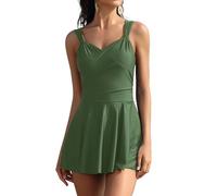 SHEKINI Donna Elegante Gonna da Bagno Intera Costume da Bagno con Scollo a V Incrociato Bikini 1 Pezzo con Doppia Tracolla Gonna Plissettata a Pancia Piatta（M，Verde Olive）