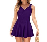 SHEKINI Donna Elegante Gonna da Bagno Intera Costume da Bagno con Scollo a V Incrociato Bikini 1 Pezzo con Doppia Tracolla Gonna Plissettata a Pancia Piatta（M，Rosso）