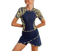 SHEKINI Donne Two Piece Athletic Short Sleeves Surf Zip Boyleg One Piece Rash Guard Costumi da Bagno e Swim Rock, Stampa Blu Intenso, XXL