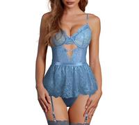 SHEKINI Lingerie Sexydonna Hot Babydoll Camicia da Notte Pizzo Trasparente Baby Doll Intimo Body Pizzo Completino Sexy Jumpsuit Top Scollo a V Aperto Sleepwear con Reggicalze