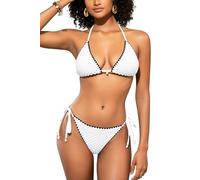 SHEKINI Set bikini da donna a triangolo con allacciatura al collo, sexy, costume da bagno in due pezzi, con cravatta, grazioso costume da bagno, bianco, L