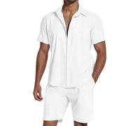 SHEKINI Set di 2 tute da uomo in cotone e lino, a maniche corte, con bottoni, estive, pantaloncini da spiaggia, abbigliamento casual, abbigliamento da notte, pigiama, bianco, L