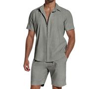 SHEKINI Set di 2 tute da uomo in cotone e lino, a maniche corte, con bottoni, estive, pantaloncini da spiaggia, abbigliamento casual, abbigliamento da notte, pigiama, Grigio, L
