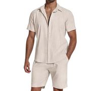 SHEKINI Set di 2 tute da uomo in cotone e lino, a maniche corte, con bottoni, estive, pantaloncini da spiaggia, abbigliamento casual, abbigliamento da notte, pigiama, cachi, L