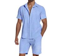 SHEKINI Set di 2 tute da uomo in cotone e lino, a maniche corte, con bottoni, estive, pantaloncini da spiaggia, abbigliamento casual, abbigliamento da notte, pigiama, blu cielo, L