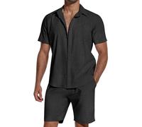 SHEKINI Uomo Cotone 2 Pezzi Pigiama Manica Corta Bottone Camicia e Pantaloncini Leggeri per Estate Spiaggia Outfits Pigiama Sets(Nero,L)