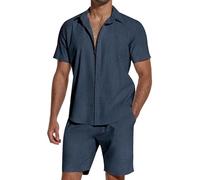 SHEKINI Uomo Cotone 2 Pezzi Pigiama Manica Corta Bottone Camicia e Pantaloncini Leggeri per Estate Spiaggia Outfits Pigiama Sets(Blu,XL)