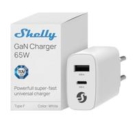 Shelly GaN Charger 65W Bianco - Dual-Port, Caricatore USB-C & USB-A | Ricarica Simultanea per Laptop, Telefoni & Tablet, Tecnologia GaN, Sicurezza Certificata TÜV SÜD, Design Compatto