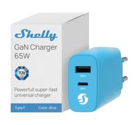 Shelly GaN Charger 65W Blu - Dual-Port, Caricatore USB-C & USB-A | Ricarica Simultanea per Laptop, Telefoni & Tablet, Tecnologia GaN, Sicurezza Certificata TÜV SÜD, Design Compatto