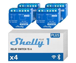 Shelly Plus 1, Interruttore Relè Intelligente, WiFi e Bluetooth, Domotica, Alexa e Google Home, App iOS Android, Telecomando per l'Apertura della Porta del Garage (4 pezzi), Blu