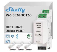 Shelly Pro 3EM-3CT63 Contatore di Energia, Montabile su guida DIN, Compatibile con Sistemi Monofase o Trifase, con Trasformatore di Corrente Trifase Combinato da 63A, Bianco