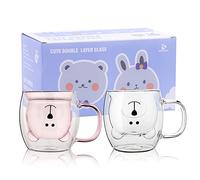 SHENDONG Set di 2 tazze con orsetto carino tazza da tè e caffè con manico da 241 ml, doppia parete in vetro isolato, regalo per compleanno, San Valentino e ufficio (Rosa bianco)