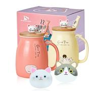 SHENDONG Set di 2 tazze da caffè in ceramica con coperchio e cucchiaio in bambù kawaii, tazza mattutina, caffè, latte, tè, tè, 3D, animali, per amanti dei gatti, regali da donna(Rosso e Giallo)