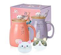 SHENDONG Set di 2 tazze da caffè in ceramica con coperchio e cucchiaio in bambù kawaii, tazza mattutina, caffè, latte, tè, tè, 3D, animali, per amanti dei gatti, regali da donna (Rosso e viola)