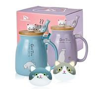 SHENDONG Set di 2 tazze da caffè in ceramica con coperchio e cucchiaio in bambù kawaii, tazza mattutina, caffè, latte, tè, tè, 3D, animali, per amanti dei gatti, regali da donna (Blu e viola)