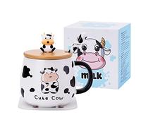 SHENDONG Simpatica tazza da caffè con coperchio incantevole, sottobicchiere kawaii e cucchiaio, regali di mucca, tazza da tè in ceramica, tazza da caffè kawaii, divertente tazza da mucca animale 3D