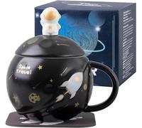SHENDONG Tazza Kawaii Astronaut Cup Space Embossed Planet, tazza da caffè in ceramica, tazza mattutina con coperchio cucchiaio e sottobicchiere kawaii per caffè, tè, latte, tazza spaziale per ragazze