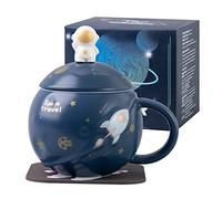 SHENDONG Tazza Kawaii Astronaut Cup Space Embossed Planet, tazza da caffè in ceramica, tazza mattutina con coperchio cucchiaio e sottobicchiere kawaii per caffè, tè, latte, tazza spaziale per ragazze