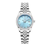 SHENGKE Donna cristallo accentato con banda in lega d'acciaio solido orologio Elegante vestito orologi al quarzo calendario per le donne (Argento e blu cielo)