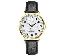 SHENGKE SINOBI Attività classica Orologi da uomo Numeri arabi Easy Reader Orologi da polso per uomo con calendario Data Resistente all'acqua (Gold-Black-Leather)