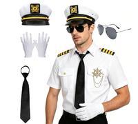 shengo Set di 6 costumi da capitano per Halloween, camicia da capitano marinaio, con cappello blu navy, pipa, occhiali da sole, cravatta e ancora, guanti da uomo, per travestimenti (XL)
