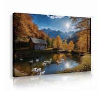 SHENGPOSTER Rustico Cabina Autunno Paesaggio Tela Parete Arte Fotografia Naturalistica con Cigni Lakeside Sunset Mountain Wall Prints per Soggiorno Camera Da Letto 30x42cm Innerframe