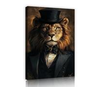 SHENGPOSTER Stampe retrò eleganti su tela di canapa un leone in smoking e foto da parete con cappello a cilindro incorniciate e pronte da appendere per l'appartamento in soggiorno 50x75cm innerframe