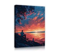 SHENGPOSTER Stampe su tele Sunset Lake Illustrazioni murali Padre e Figlio con Cielo infuocato, Uccelli volanti e poster sulla riva Arredamento per la Festa del Papà o Soggiorno Innerframe 65x85cm
