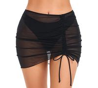 SHERRYLO Costume da bagno Coverup per le donne con coulisse increspato gonna da nuoto trasparente spiaggia Mesh costume da bagno copertura bikini sexy, Nero puro, L