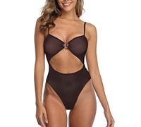 SHERRYLO Costume Intero Trasparente per Donna Bodysuit Monokini Sexy in Rete Perizoma Teddy Costumi da Bagno a Pezzo Unico Micro Bikini, Nero, S