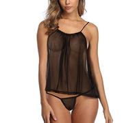 SHERRYLO Two Piece Sheer Babydoll And G String Lingerie Set See Through Chemises Black