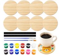 Sheryl&Rain 8 Pezzi Sottobicchieri Legno Naturale, Sottobicchieri Legno Grezzo con 40 Tappetini Antiscivolo e Pigmenti e Pennelli, Sottobicchiere Rotondi per Decorazioni, Pittura e Pirografia
