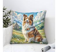 Shetland Sheepdog Dog Federa Cuscino Moderni Pittura Ad Olio,European Pastoral Field Square Federe Cuscini Divano Poliestere Fodere Per Cuscini Adatto Per Divani Soggiorno Cuscino Decorazione 45x45cm