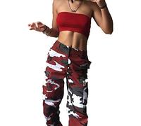 Shevog Pantaloni cargo da donna a vita alta, mimetici, militari, elasticizzati, con tasche, Rosso, 40-42