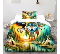 SHEVOVER Copripiumino totem del lupo,Set Di Biancheria Da Letto Cultura indiana,set Copripiumino totem,3D Con federe,per Ragazzi Adolescenti Adulti Single(135x200cm)