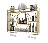 ShEyle Portabottiglie rotondo da parete da 90 cm, con griglia per calici, organizer per bottiglie con struttura in metallo, ampio spazio di archiviazione a 3 strati, per bar, oro, 140 cm