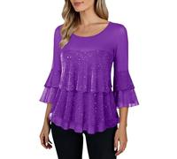 Shfebrinox Camicetta da donna elegante con maniche a 3/4, con volant, ampia, girocollo, fluide, per feste, per lavoro, casual, scintillante, camicetta in rete, leggera, morbida, per tutti i giorni