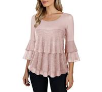 Shfebrinox Camicetta da donna elegante con maniche a 3/4, con volant, ampia, girocollo, fluide, per feste, per lavoro, casual, scintillante, camicetta in rete, leggera, morbida, per tutti i giorni