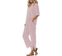 Shfebrinox Set di Lino per Le Donne 2 Pezzi Estate Elegante Tuta a Gamba Larga da Donna Casual a Maniche Corte Set Palestra semplicità Colore Puro Activewear Flowy Loose Fit Outfit Elegante Ufficio