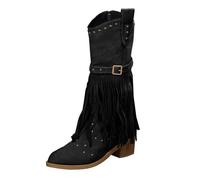 Shfebrinox Stivali da cowboy con frange per le donne grossi stivaletti tacco alto metà polpaccio scarpe da cowgirl con fibbia moda moto western stivaletti leggeri all'aperto grandi dimensioni nappa