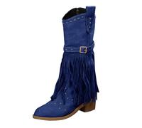 Shfebrinox Stivali da cowboy con frange per le donne grossi stivaletti tacco alto metà polpaccio scarpe da cowgirl con fibbia moda moto western stivaletti leggeri all'aperto grandi dimensioni nappa