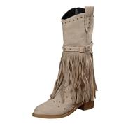 Shfebrinox Stivali da cowboy con frange per le donne grossi stivaletti tacco alto metà polpaccio scarpe da cowgirl con fibbia moda moto western stivaletti leggeri all'aperto grandi dimensioni nappa