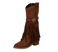 Shfebrinox Stivali da cowboy con frange per le donne grossi stivaletti tacco alto metà polpaccio scarpe da cowgirl con fibbia moda moto western stivaletti leggeri all'aperto grandi dimensioni nappa
